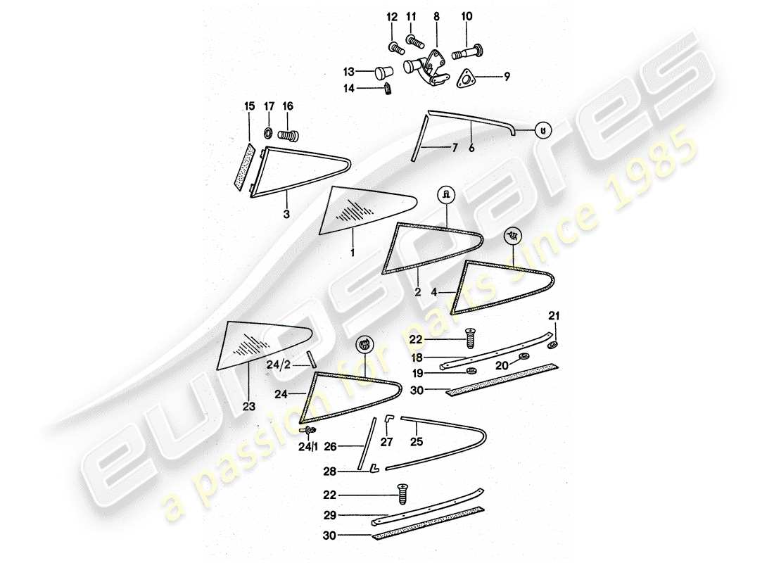 porsche 1977 (911 turbo) vetri della finestra diagramma delle parti
