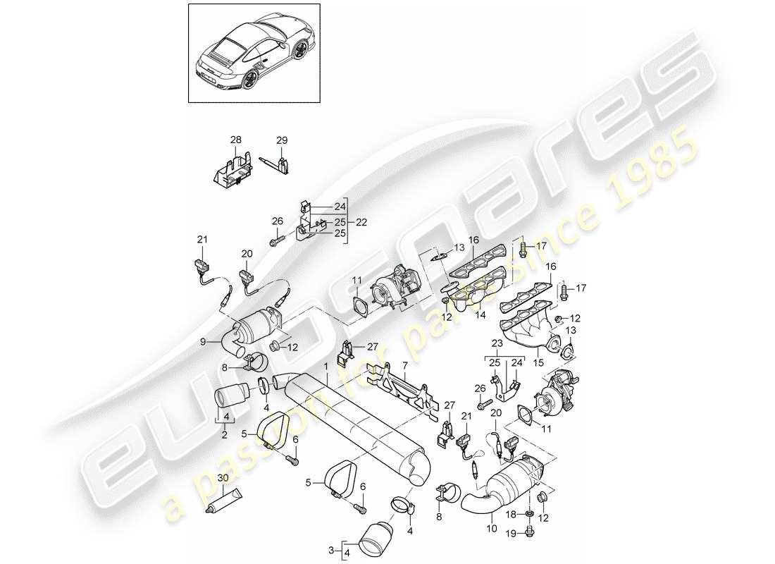 porsche 2011 (997-2 turbo / gt2 rs) impianto di scarico diagramma delle parti