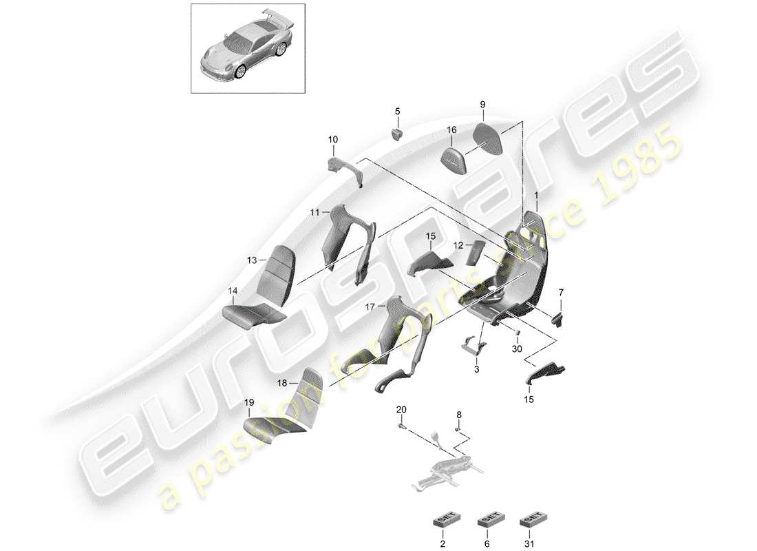 porsche 991 turbo (2020) diagramma delle parti del sedile