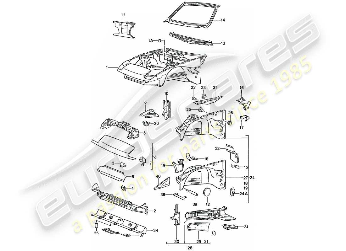 porsche 1986 (944) sezione anteriore del corpo schema delle parti