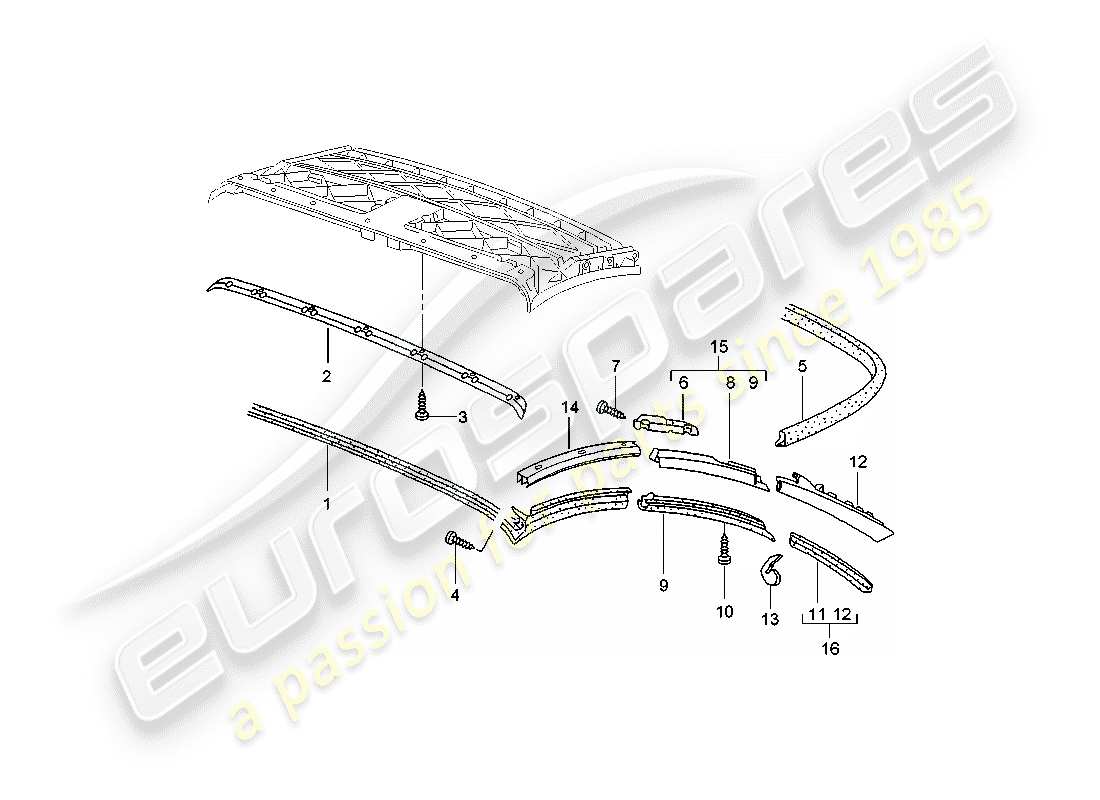 porsche 2003 (996 turbo / gt2) capote - striscia di tenuta schema delle parti
