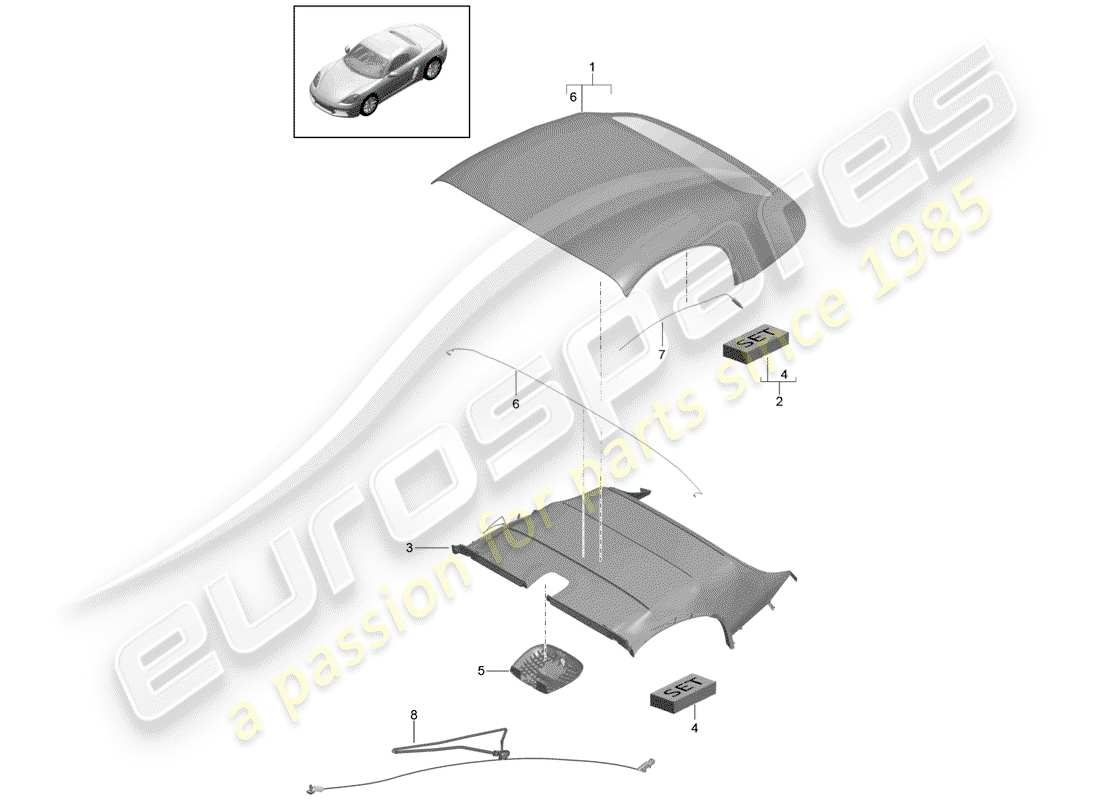 porsche 2017 (718 boxster) copertura della capote diagramma delle parti