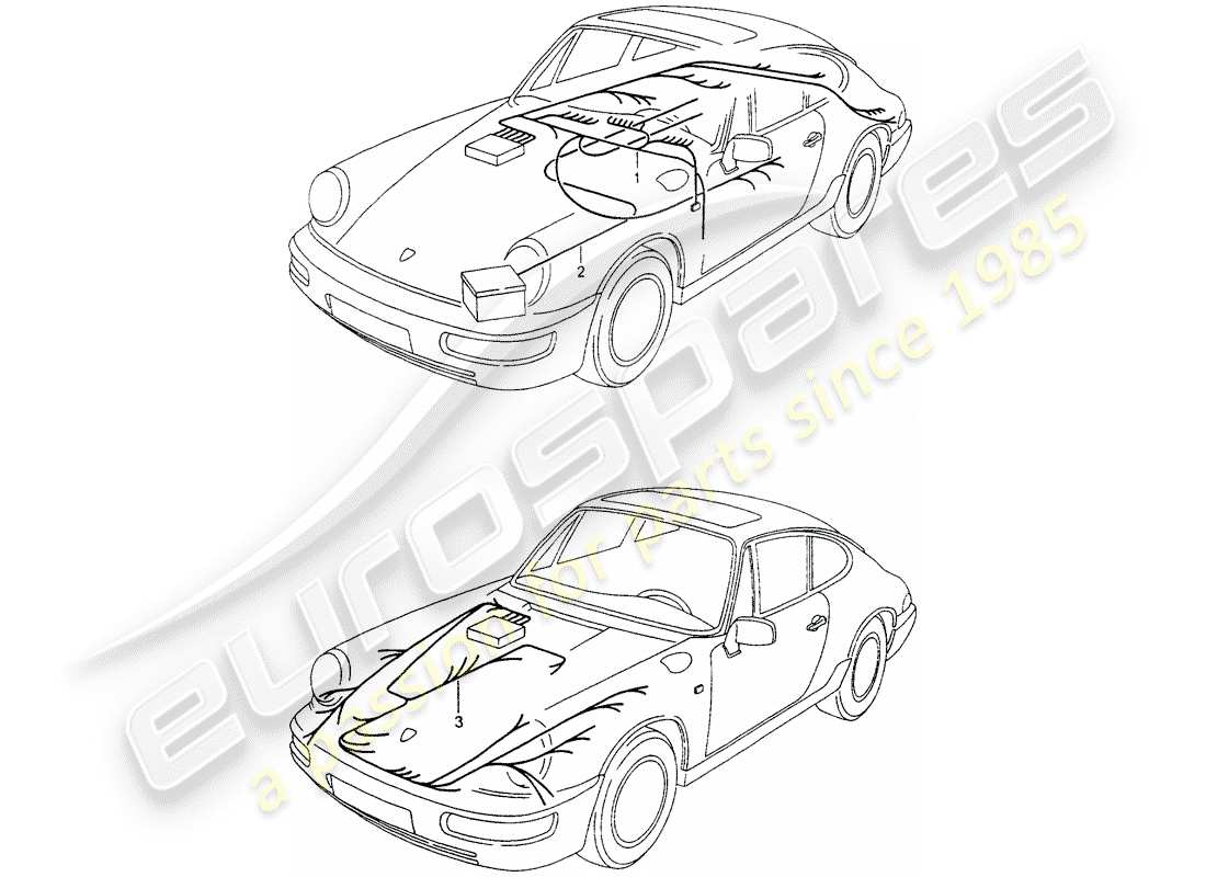 porsche 1990 (964) cablaggi - abitacolo passeggero - batteria avviamento - bagagliaio anteriore schema particolare