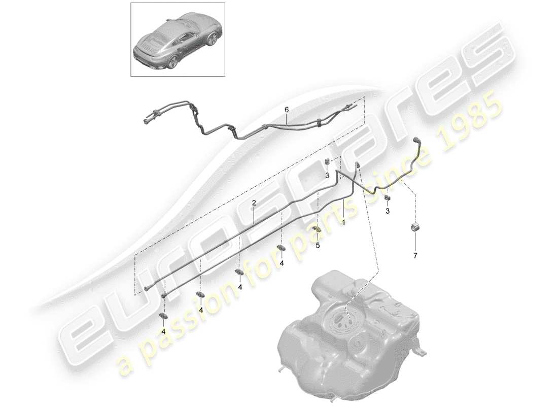 porsche 991 turbo (2019) diagramma delle parti della linea del carburante