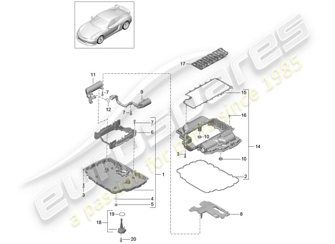 porsche 2016 (981 cayman gt4) diagramma delle parti della coppa dell'olio