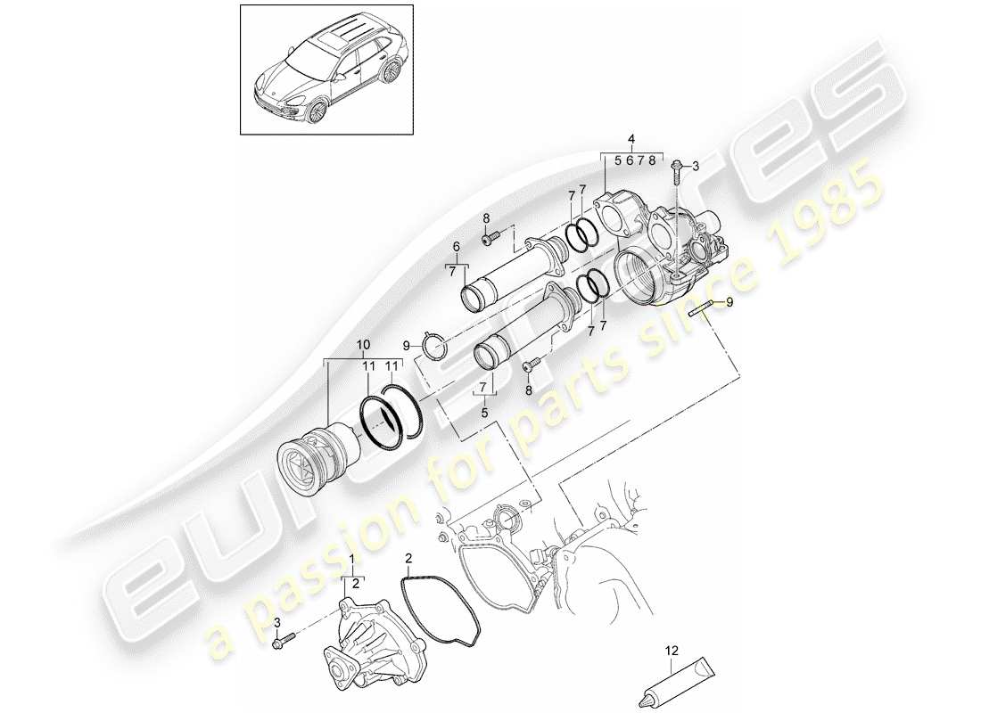 porsche 2012 (cayenne e2 92a) pompa dell'acqua diagramma delle parti