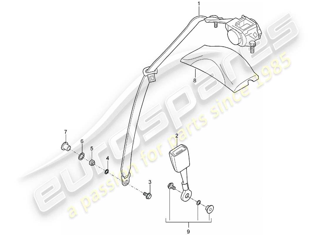 porsche 2006 (carrera gt) cintura di sicurezza - 3-point automat. diagramma delle parti della cintura di sicurezza