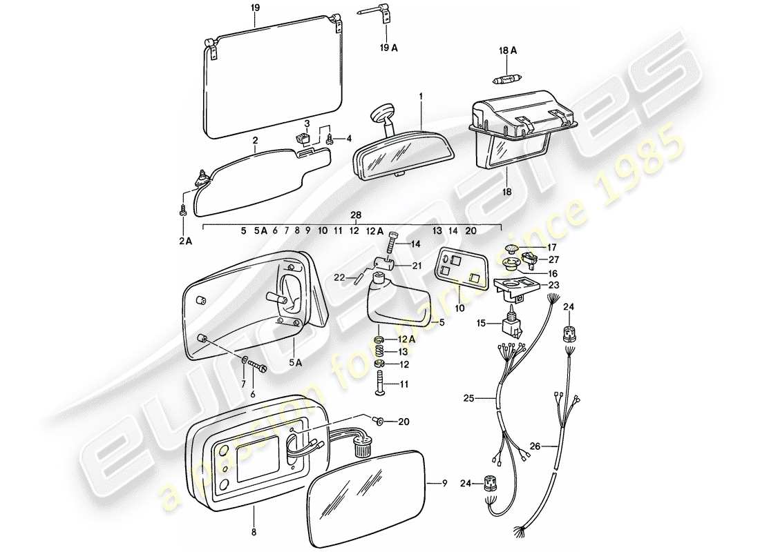porsche 1981 (928) visiera parasole - specchio retrovisore - specchio retrovisore interno - specchio toelete schema delle parti