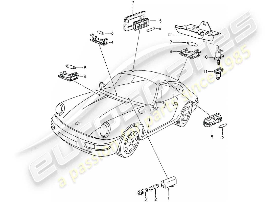 porsche 1990 (964) luci interne - lampada vano bagagli - luce vano motore schema delle parti