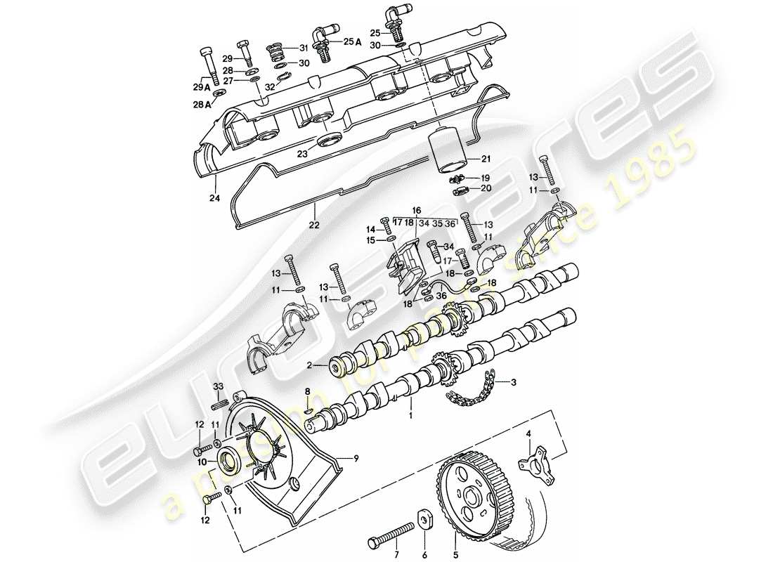 porsche 1983 (928) albero a camme - meccanismo di azionamento - 4 - valvola - d - mj 1985>> diagramma delle parti