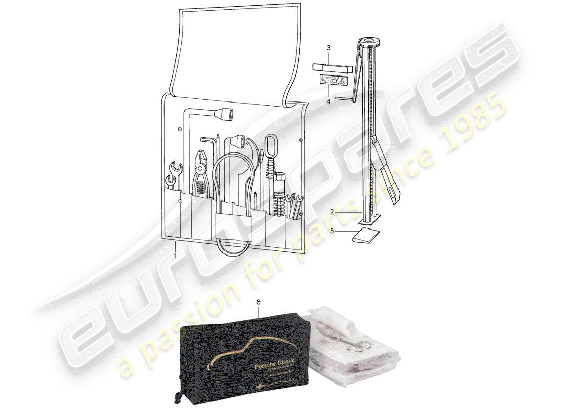 porsche 1976 (911) attrezzo - martinetto - kit di pronto soccorso diagramma delle parti