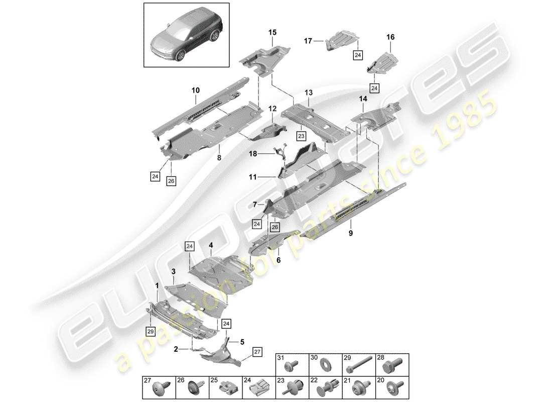 porsche 2019 (cayenne e3 9ya/9yb) liner diagramma delle parti