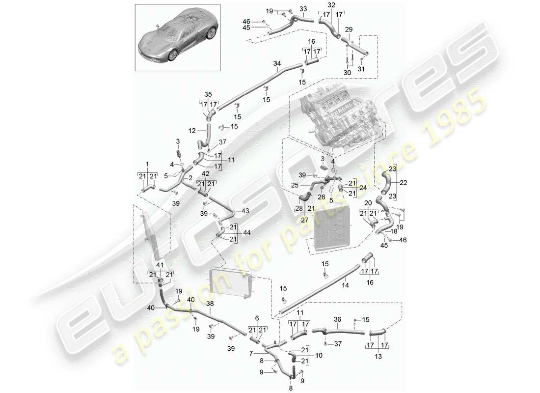 porsche 2015 (918 spyder) diagramma delle parti del raffreddamento ad acqua