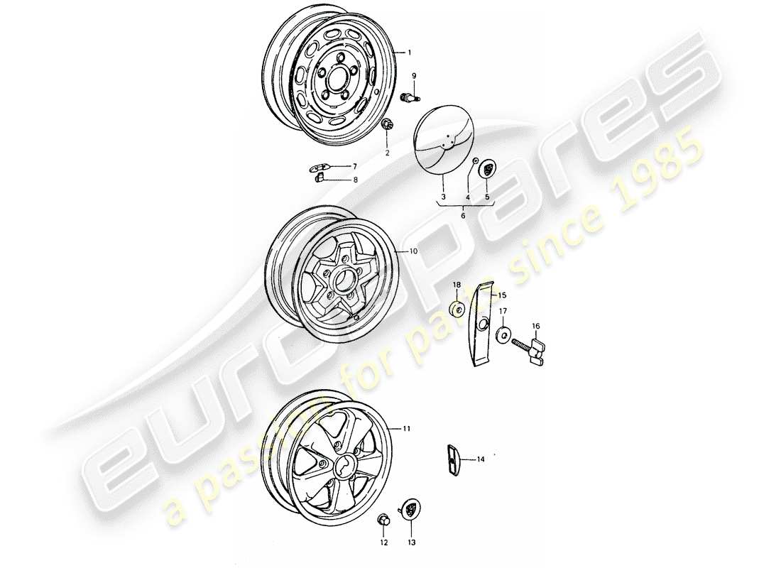 porsche 1976 (911 turbo) ruote diagramma delle parti