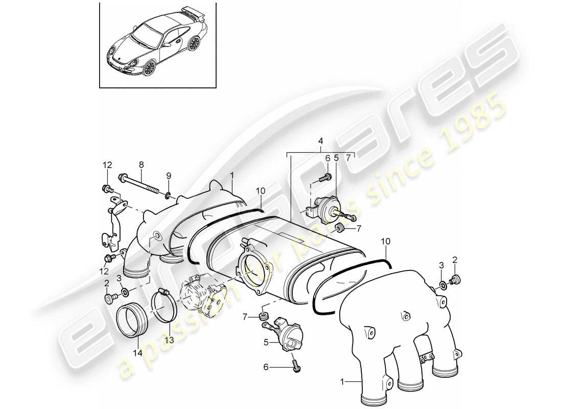 porsche 2009 (997-2 gt3) distributore dell'aria aspirata diagramma delle parti