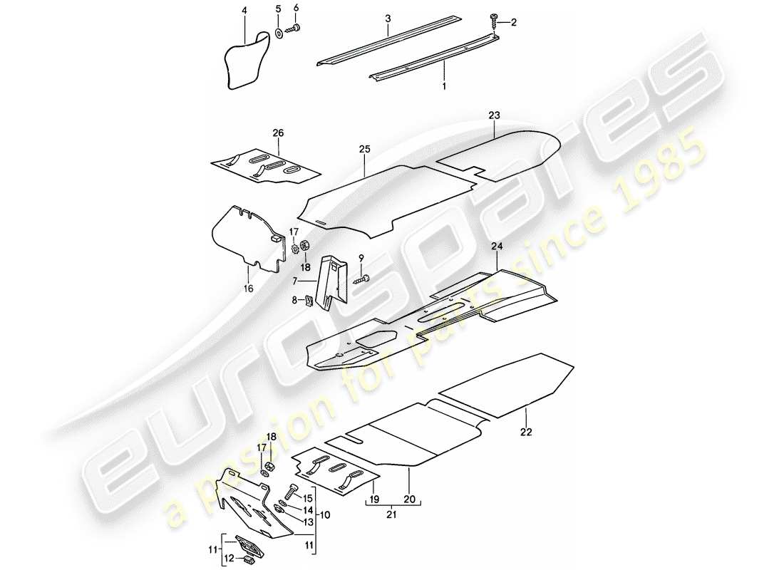 porsche 1989 (911) finiture - vano piedi - moquette staccabile diagramma delle parti