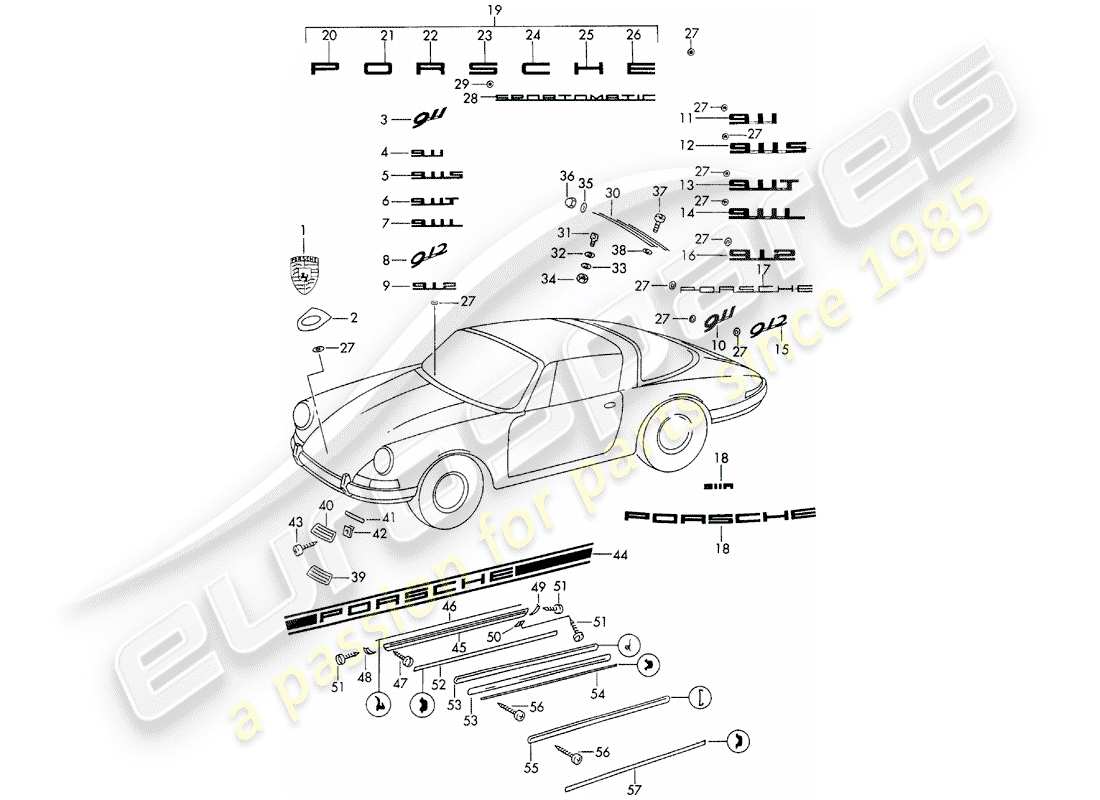 porsche 1966 (911/912) raccorderia decorativa - d >> - mj 1968 schema delle parti