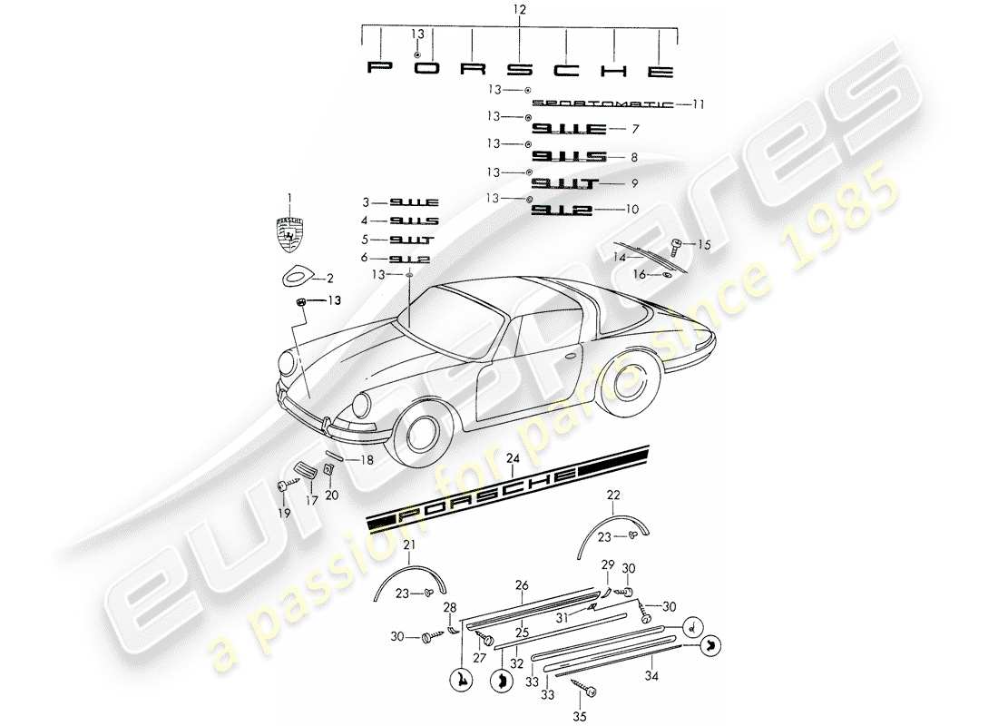 porsche 1966 (911/912) raccordi decorativi - d - mj 1969>> - mj 1969 schema delle parti