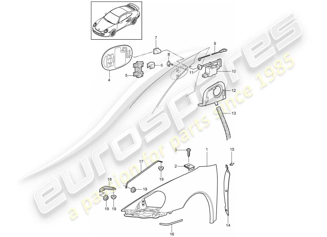 porsche 2011 (997-2 turbo / gt2 rs) schema delle parti del parafango
