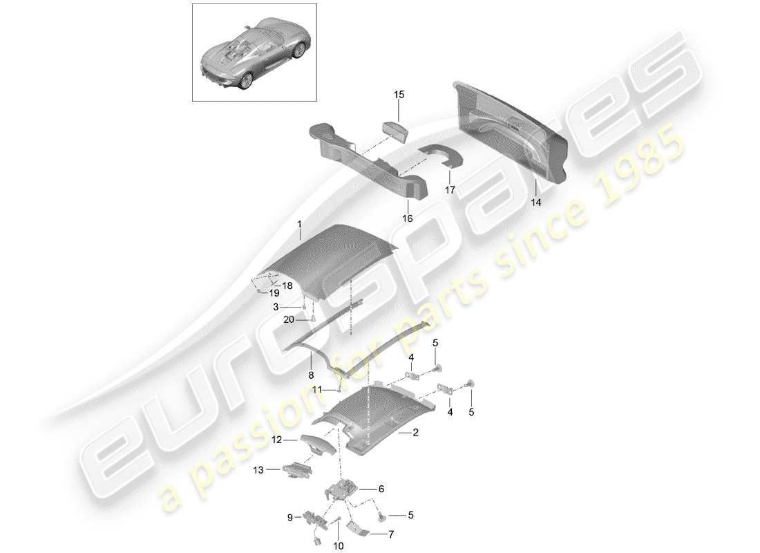 porsche 2015 (918 spyder) diagramma delle parti del tetto