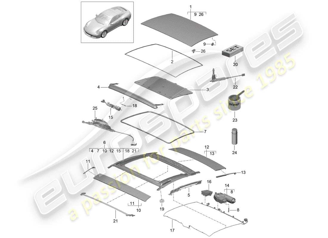porsche 991 gen. 2 (2020) schema delle parti del tetto scorrevole/inclinabile