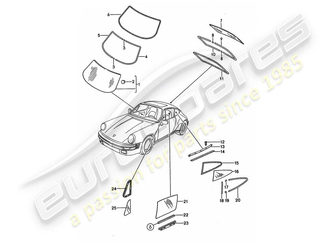 porsche 1989 (911) vetri della finestra diagramma delle parti