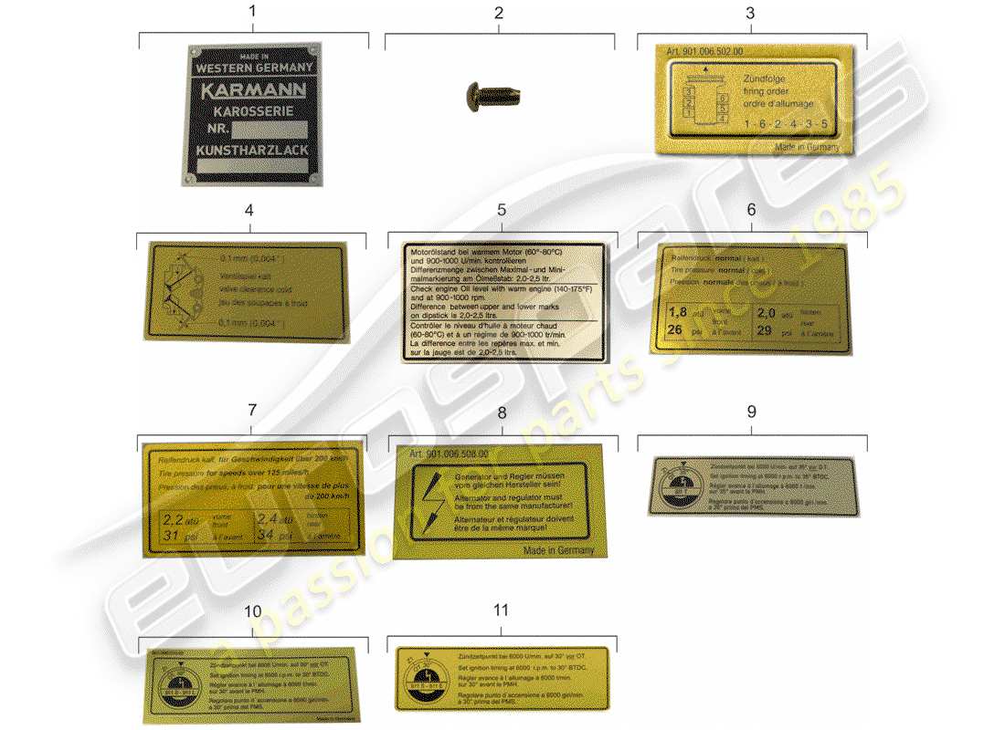 porsche 1968 (911/912) segnali/avvisi - emblema diagramma delle parti