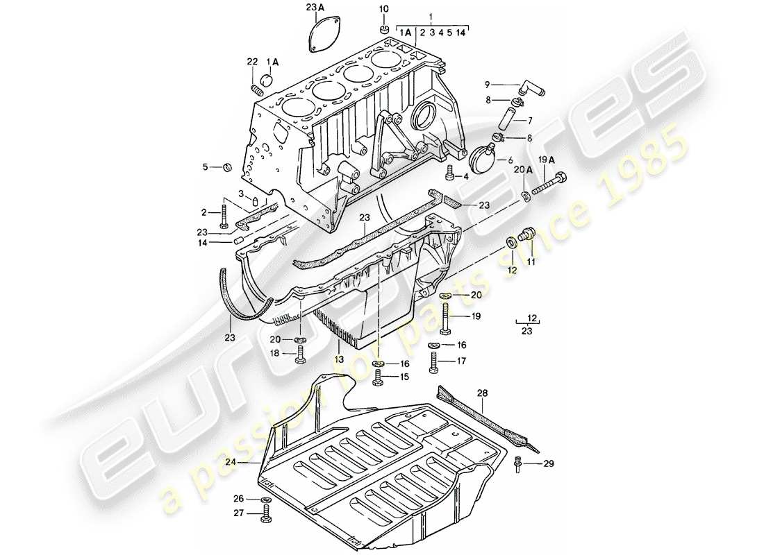 porsche 1981 (924) blocco cilindro - con pistoni - coppa olio - piastra di protezione motore schema particolare