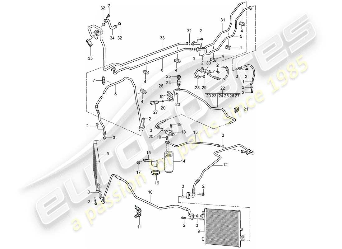 porsche 997 t/gt2 (2007) schema delle parti del circuito frigorifero