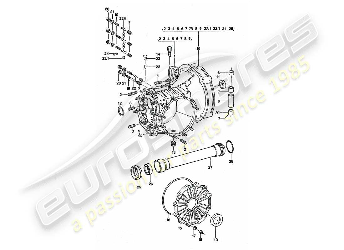 porsche 1977 (911 turbo) trasmissione di ricambio - cassa trasmissione diagramma delle parti