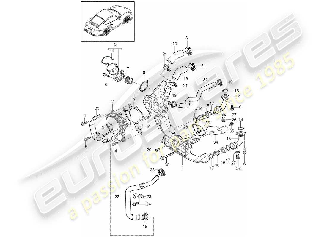 porsche 2013 (997-2 turbo / gt2 rs) schema delle parti della pompa dell'acqua