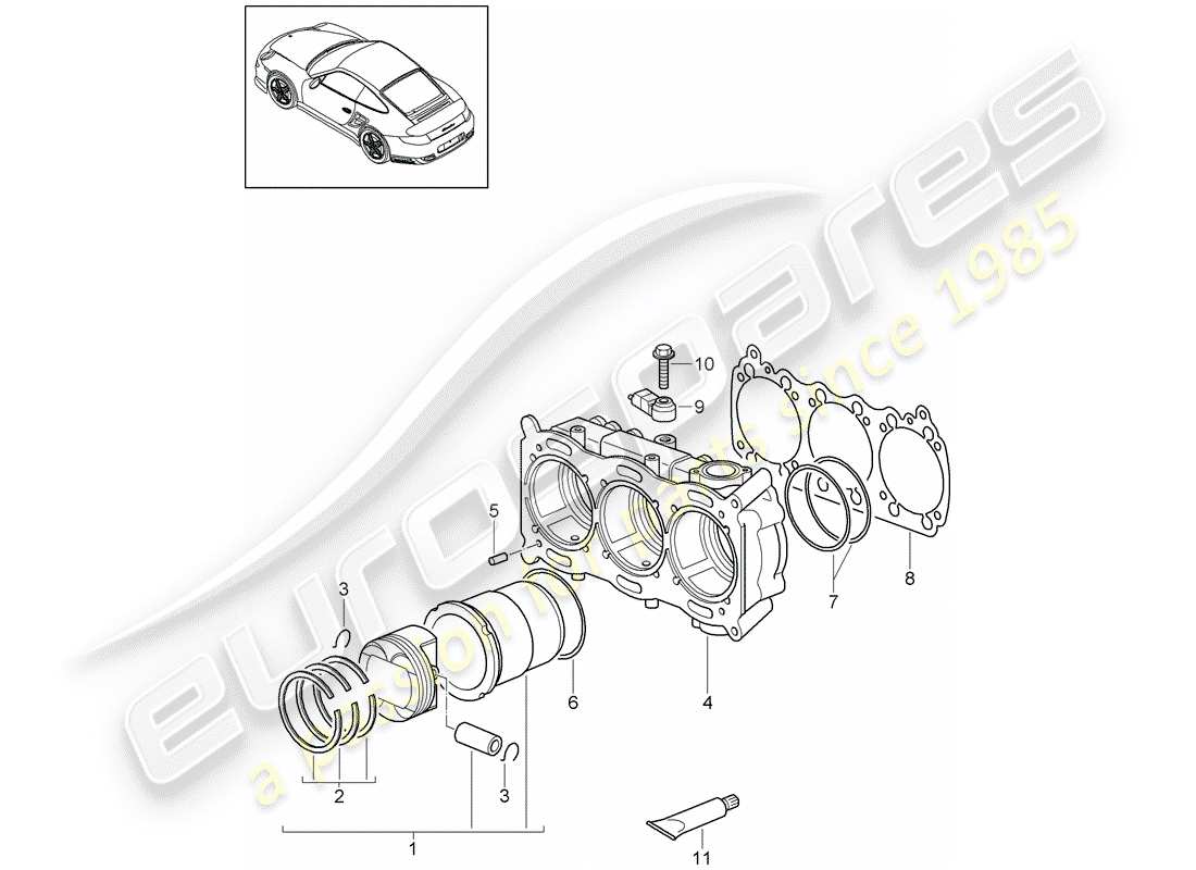 porsche 911 t/gt2rs (2013) cilindro con pistoni diagramma delle parti