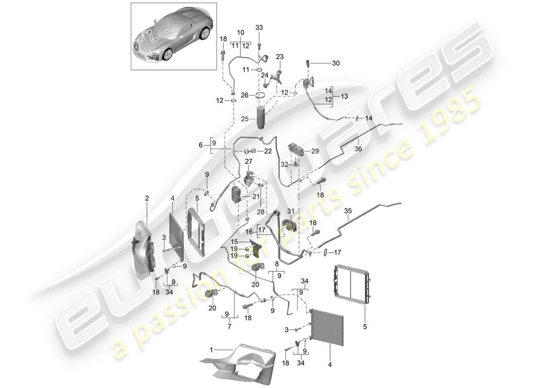 porsche 2016 (981 boxster spyder) circuito frigorifero diagramma delle parti