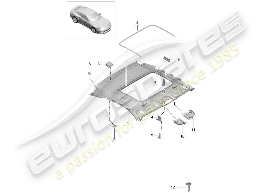 porsche 991 turbo (2020) pannello di rivestimento del tetto schema delle parti