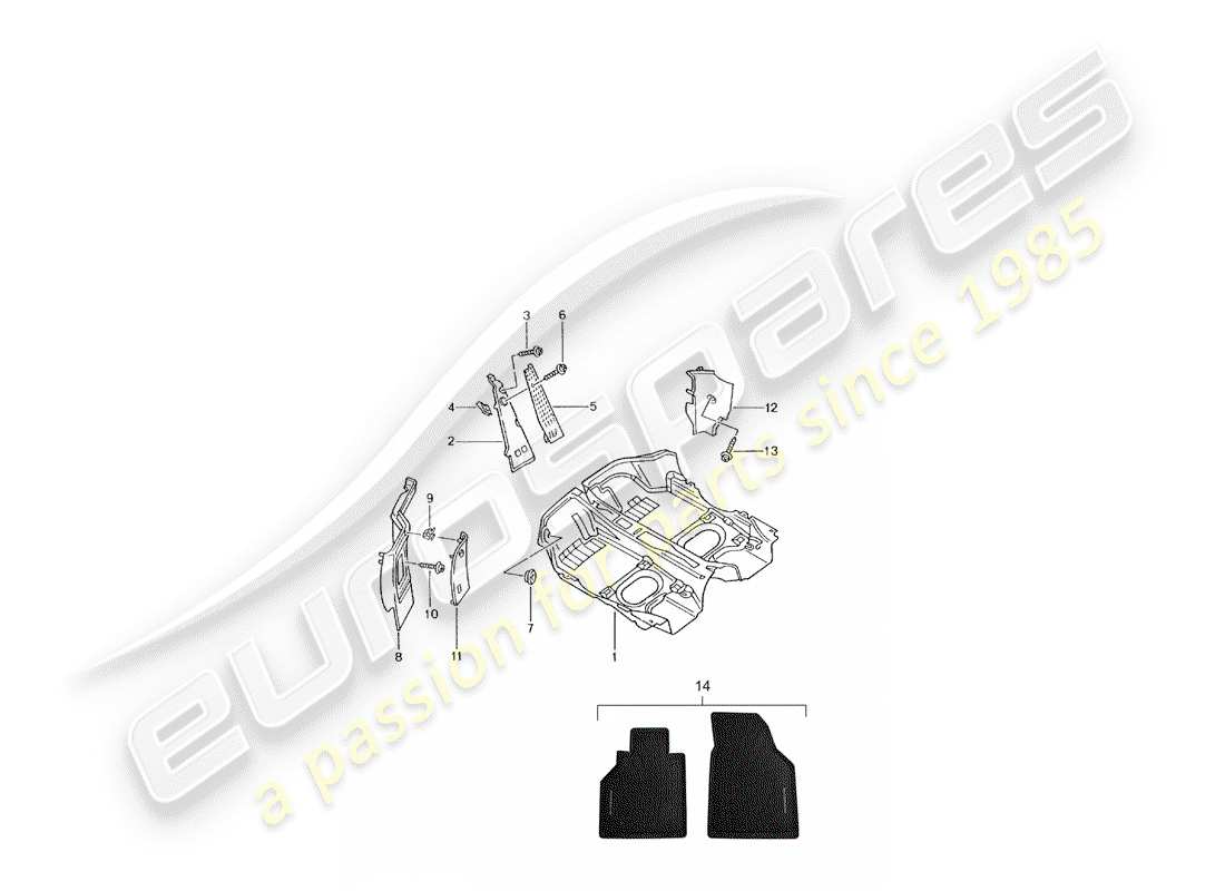 porsche 2005 (996 turbo / gt2) rivestimento pavimento - profili diagramma delle parti