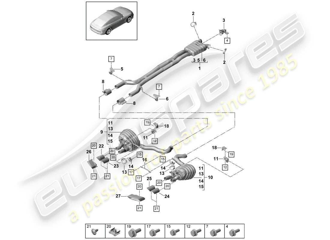 porsche 2019 (panamera 971-1) impianto di scarico diagramma delle parti