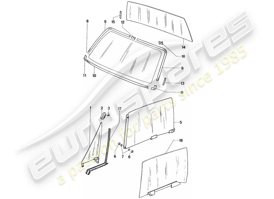 porsche 1976 (914) vetri da finestra diagramma delle parti