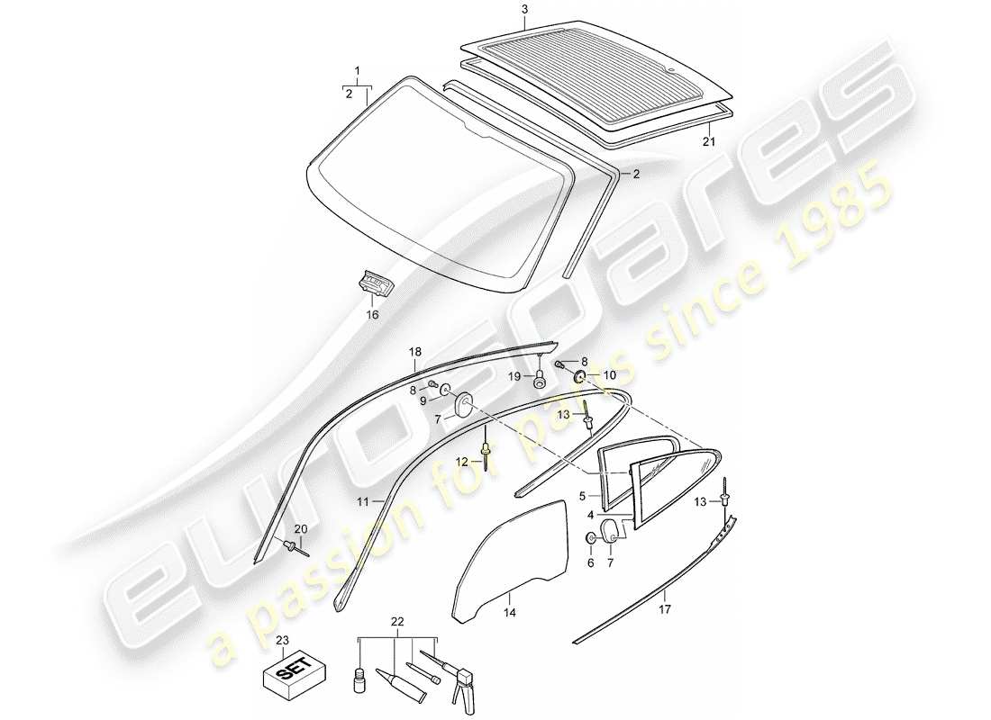 porsche 2007 (997-1) vetri della finestra diagramma delle parti