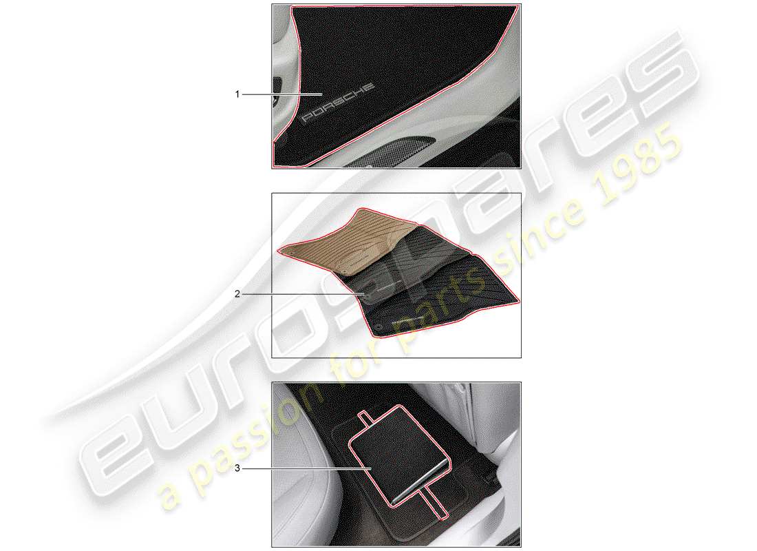 porsche 2019 (tequipment macan) 1 set tappetini (gomma) schema delle parti