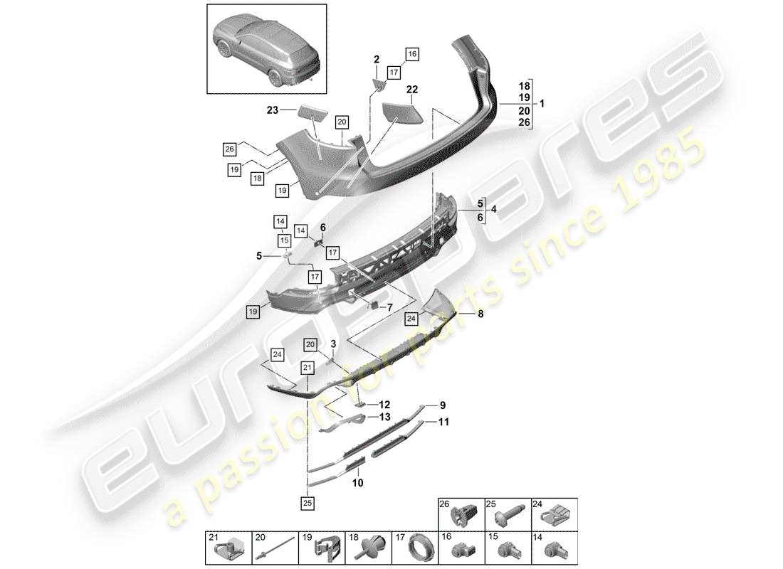 porsche 2020 (cayenne e3 9ya/9yb) diagramma delle parti del paraurti