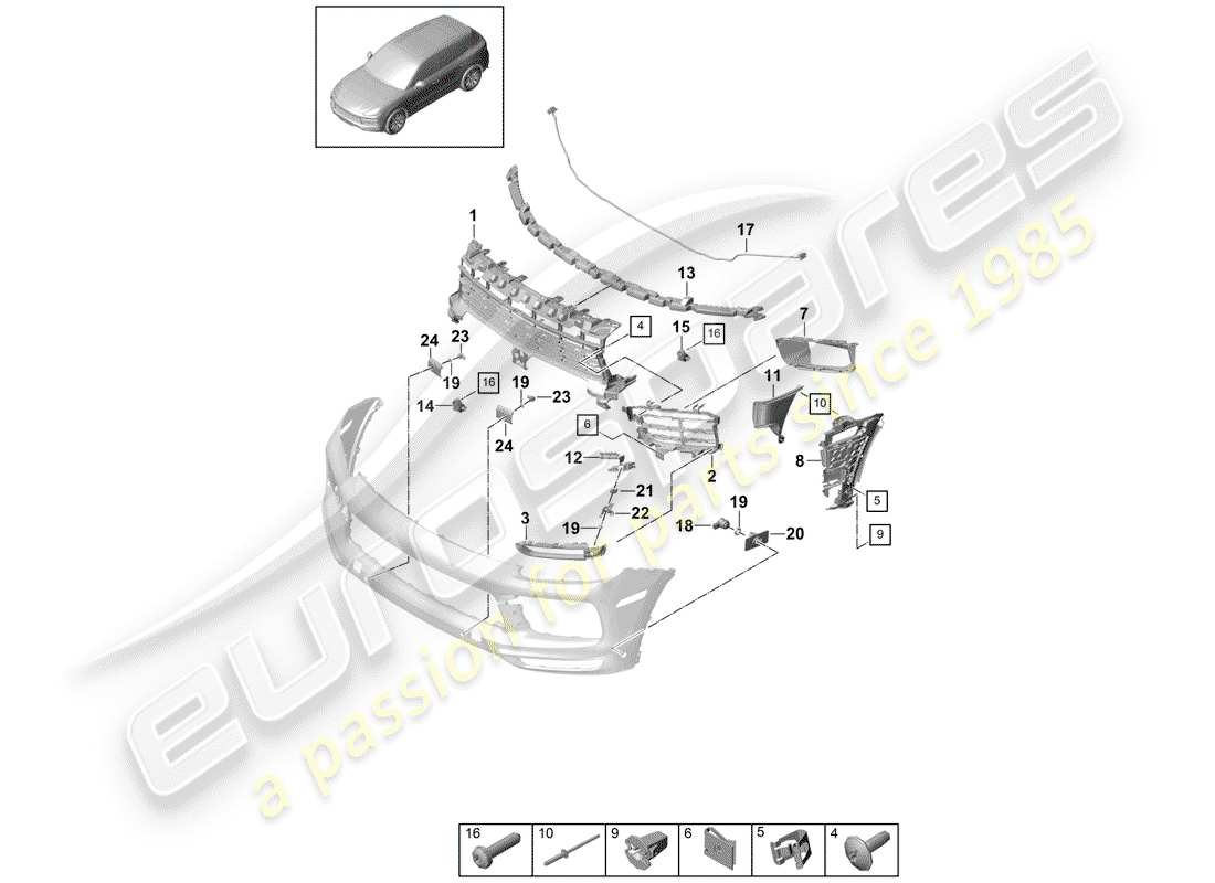 porsche 2020 (cayenne e3 9ya/9yb) diagramma delle parti del paraurti