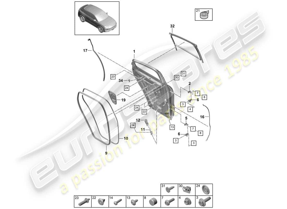 porsche 2020 (cayenne e3 9ya/9yb) guscio della porta diagramma delle parti