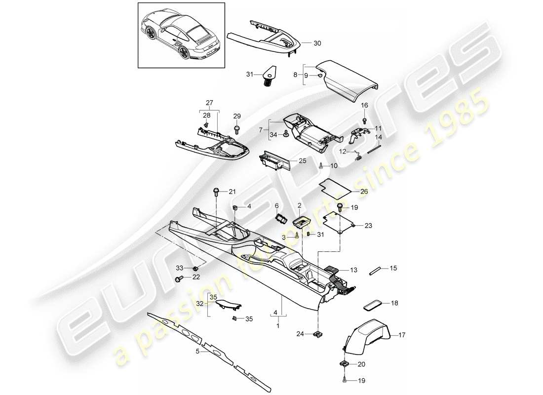 porsche 2013 (997-2 turbo / gt2 rs) console centrale diagramma delle parti