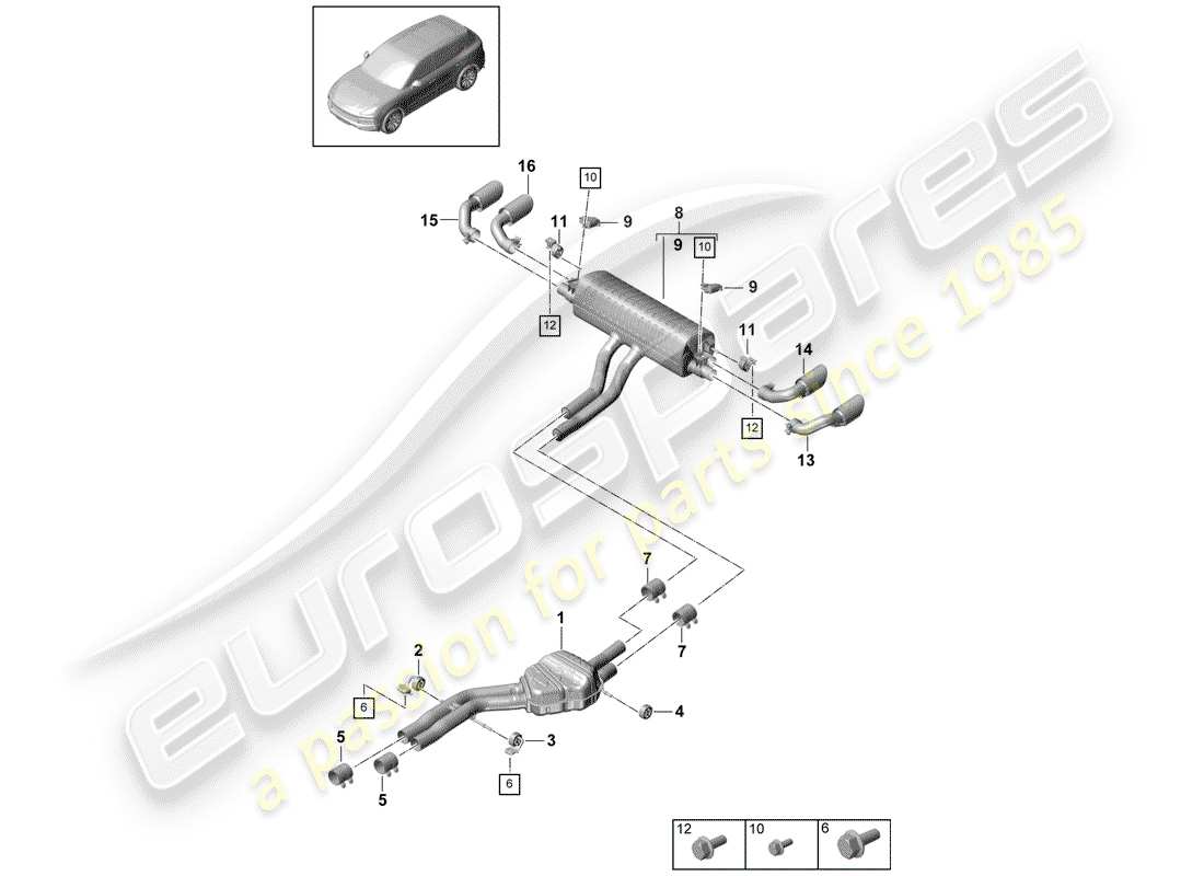 porsche 2020 (cayenne e3 9ya/9yb) diagramma delle parti del sistema di scarico