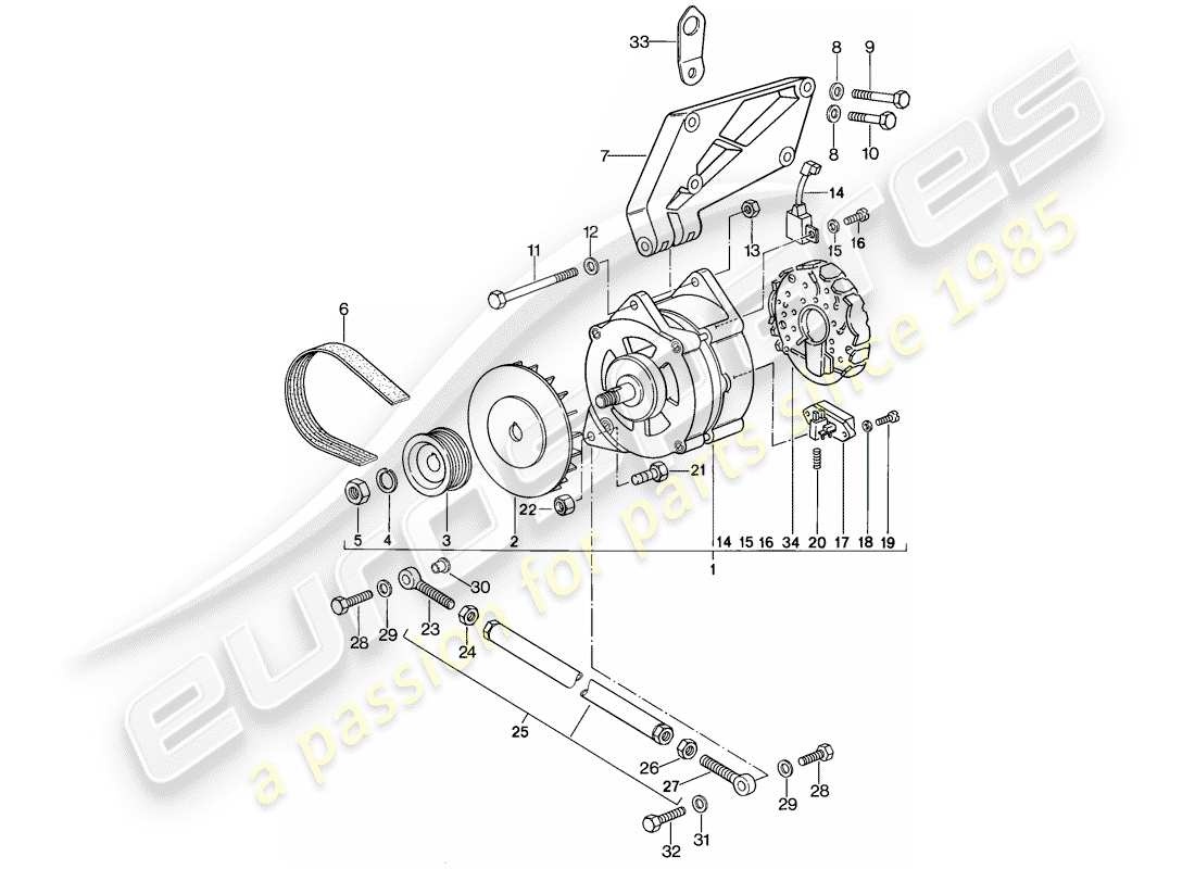 porsche 1982 (944) alternatore - con: - fissaggi schema delle parti