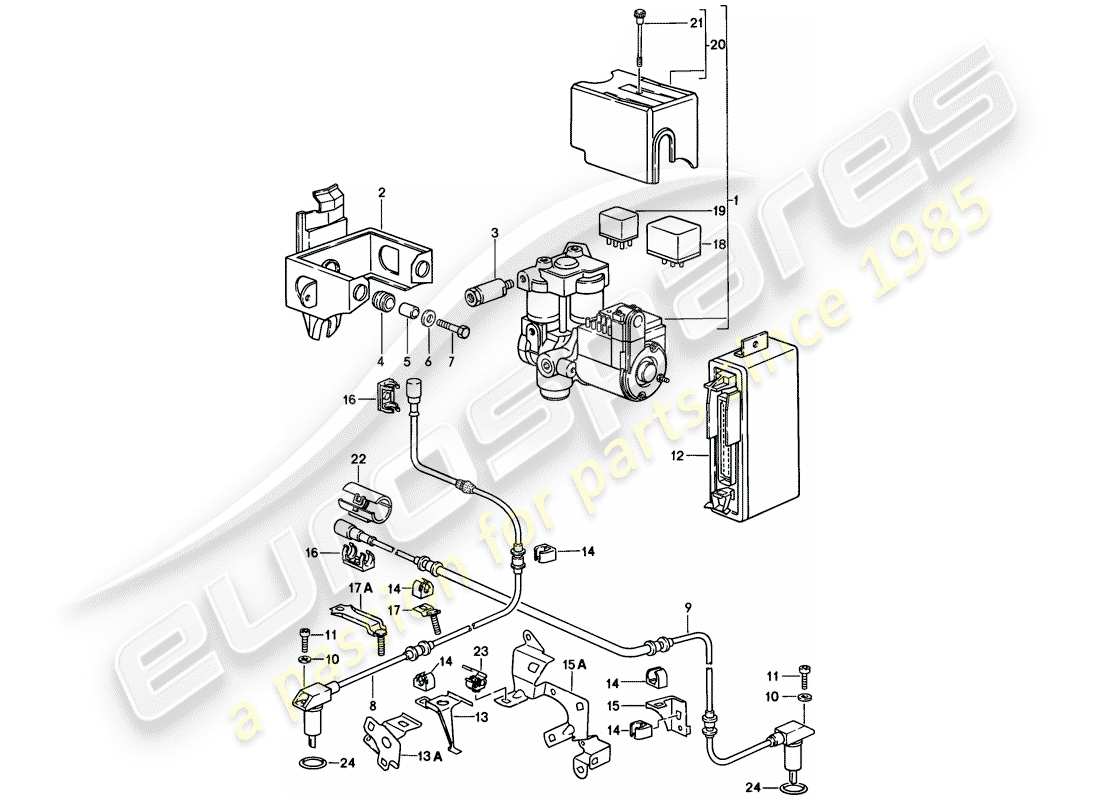 porsche 1985 (928) sistema freno antibloccaggio -abs- - gruppo idraulico - sensore di velocità - centralina elettronica schema particolare