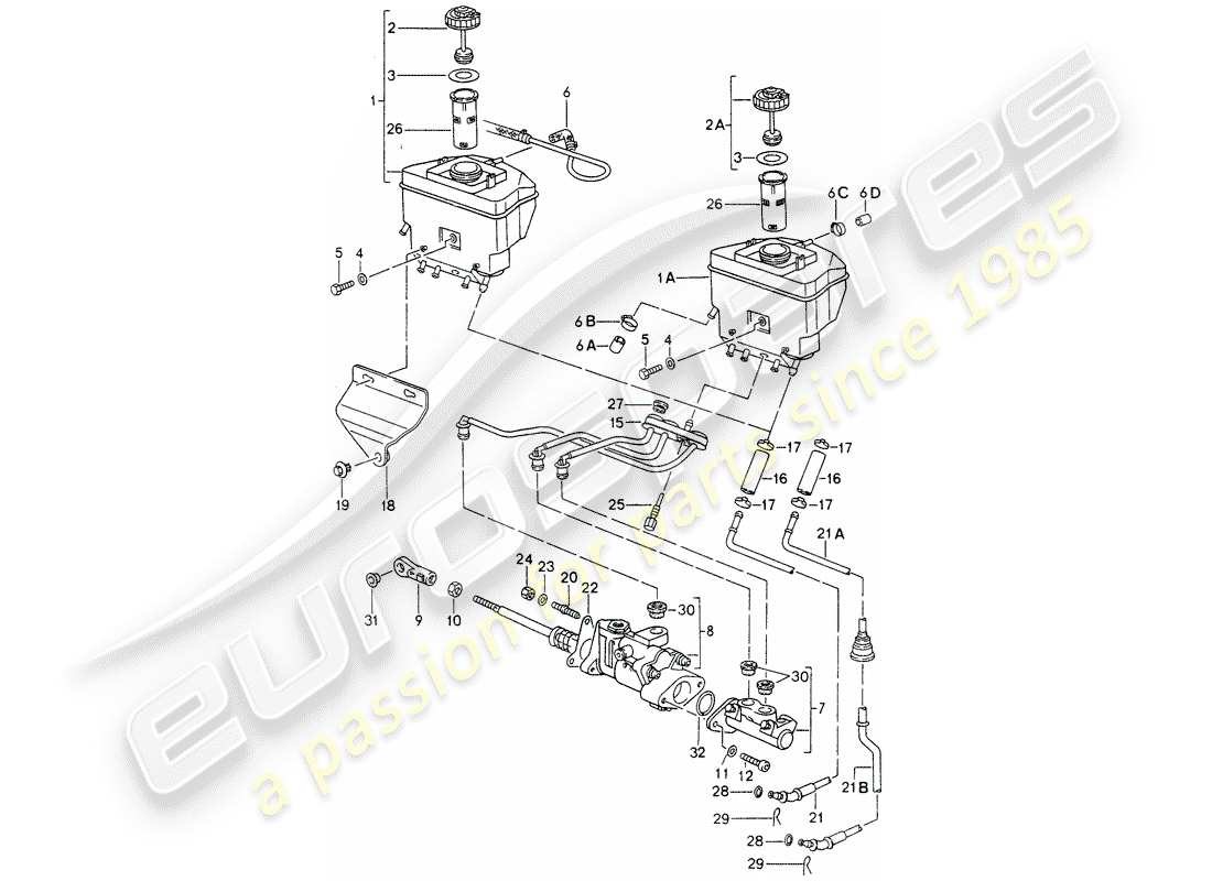 porsche 1996 (993) serbatoio per - liquido freni - pompa freno - servofreno - - - vedi informazioni tecniche - gr.4 nr16/95 schema delle parti