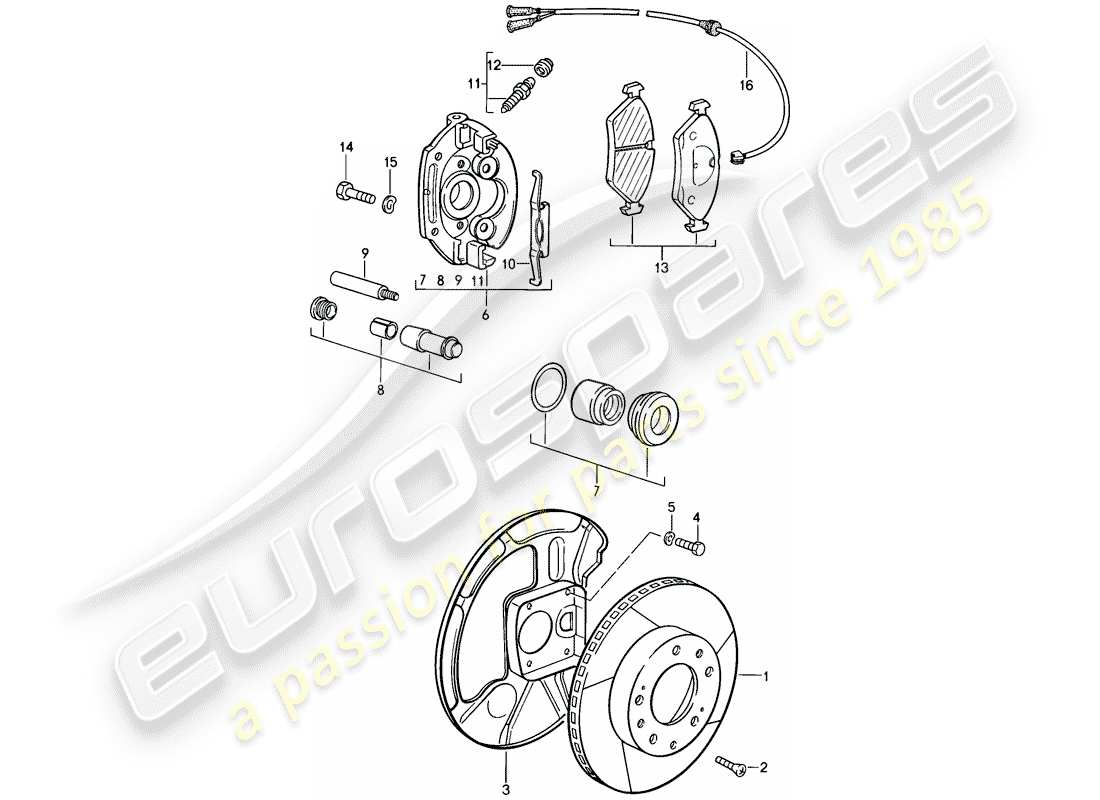 porsche 1986 (928) freni a disco - assale anteriore - pinza flottante - utilizzare anche: - fissaggi - per - guarnizione freno schema particolare