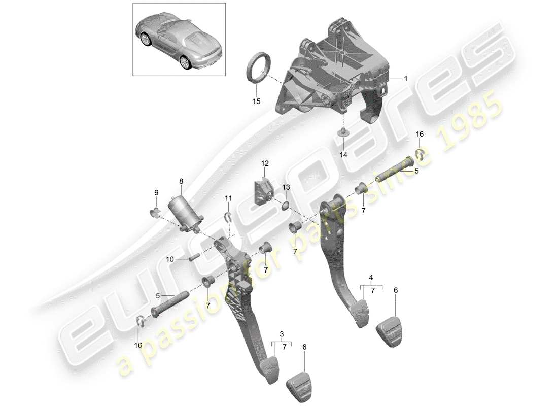 porsche 2016 (981 boxster spyder) pedali diagramma delle parti