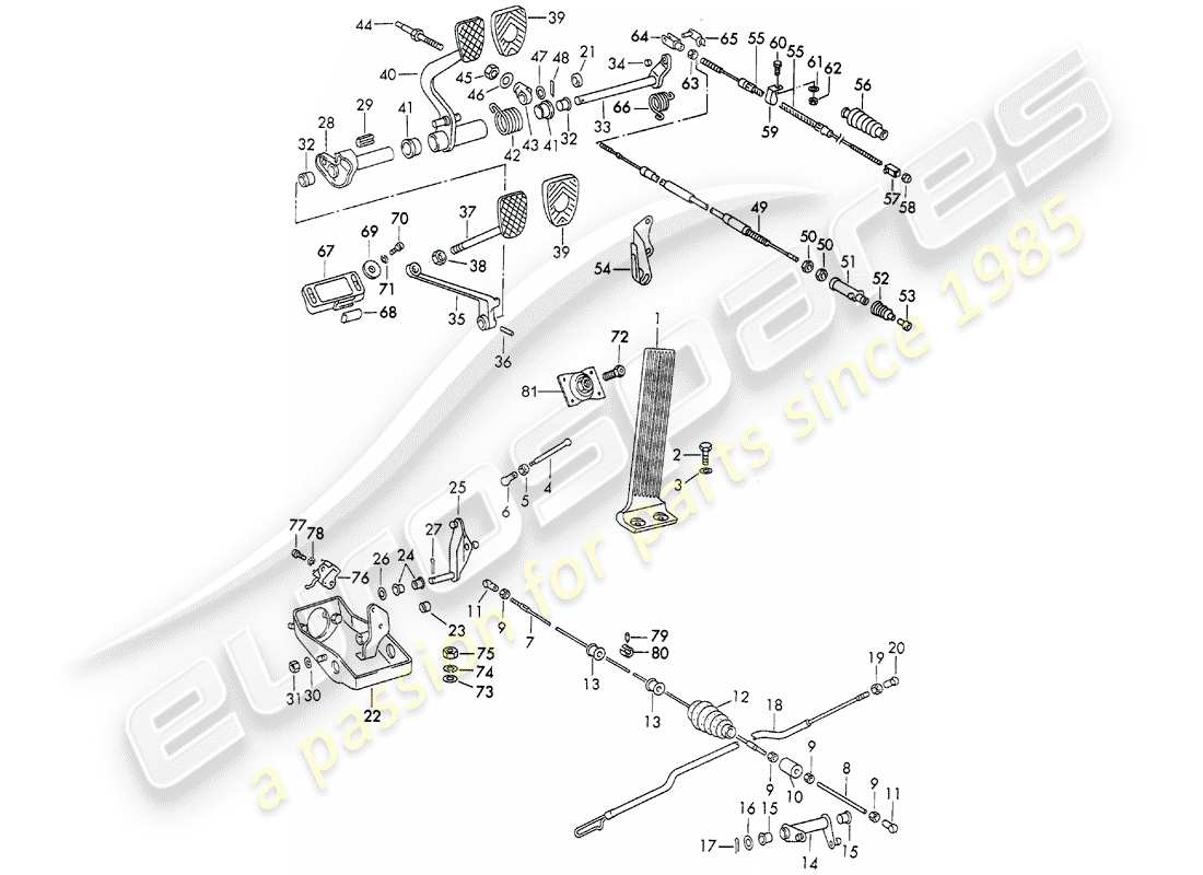 porsche 1973 (911) pedali - per veicoli con - cambio manuale schema delle parti
